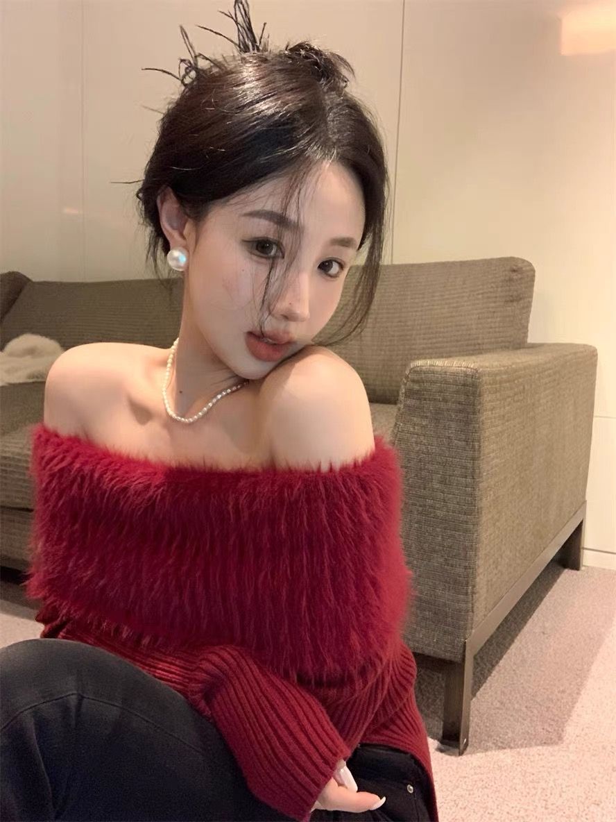 水貂絨新年紅色毛衣秋冬獨特别致純欲辣妹一字肩上衣內搭女打底衫