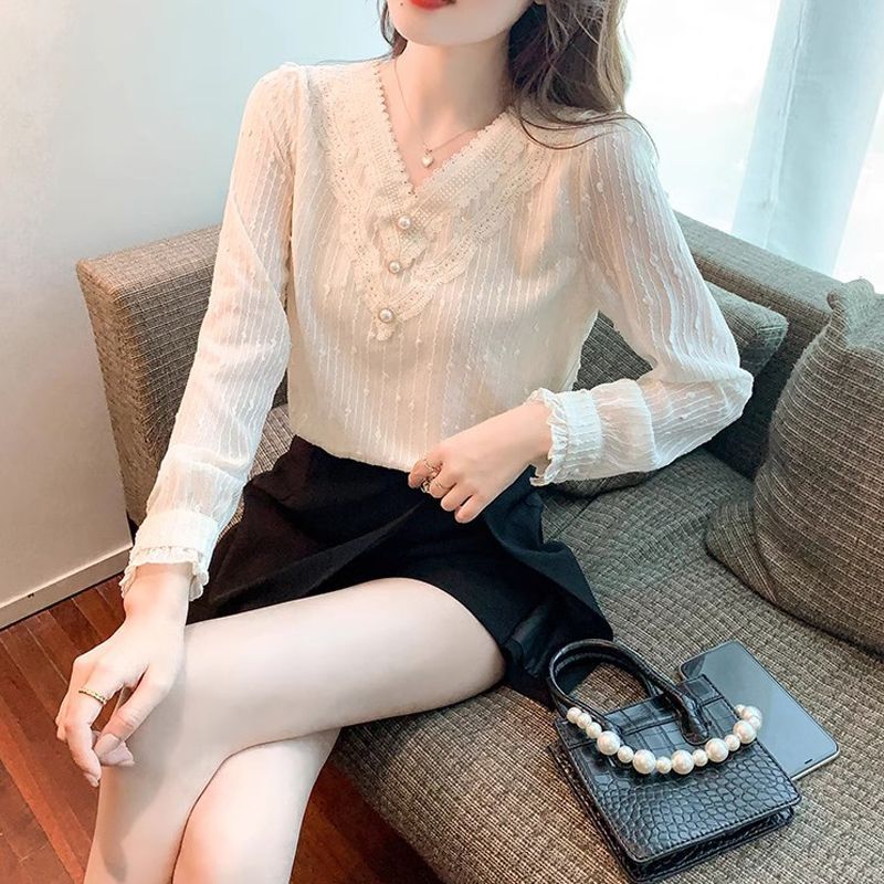 長袖蕾絲打底衫上衣女春秋新款設計感法式小眾氣質小衫V領襯衣潮
