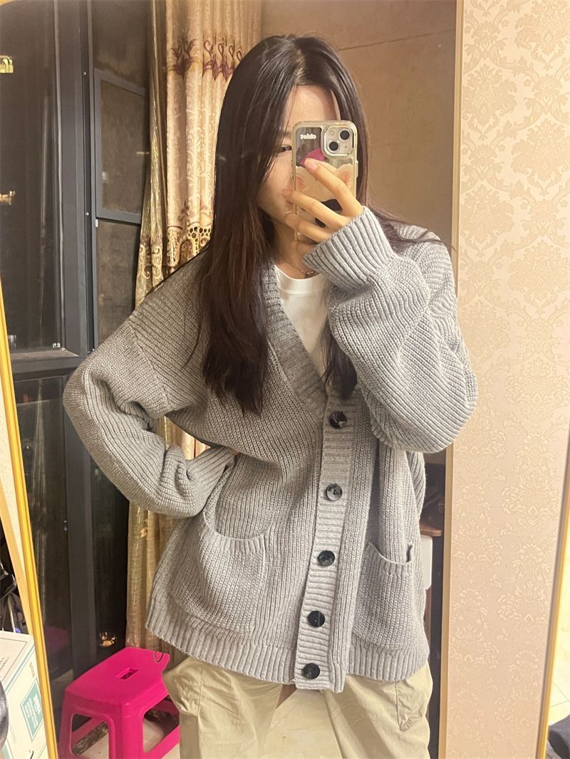 2023 Lazy Retro New Style Loose Knitted Cardigan Light Gray Autumn and Winter Sweater Jacket Top Spring and Autumn Japanese Style Women