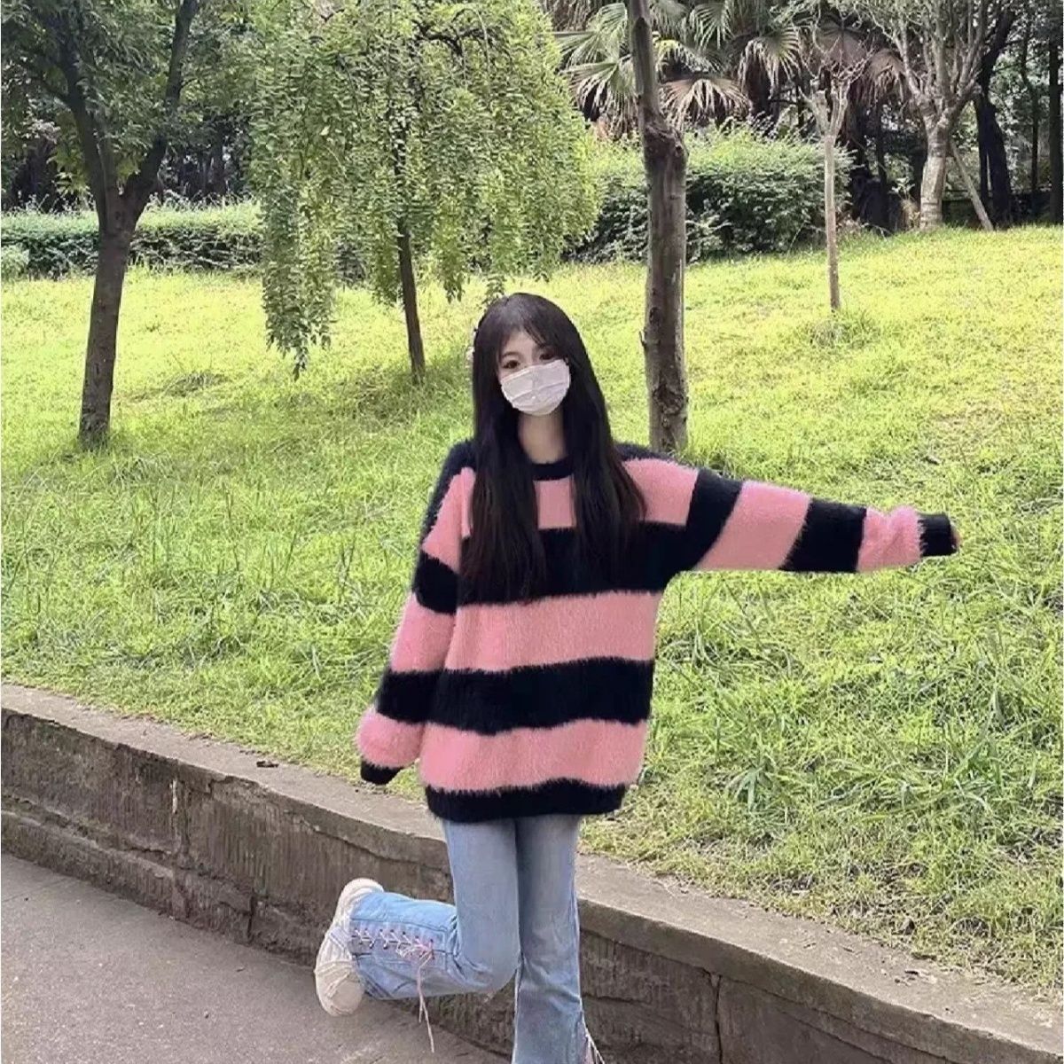 水貂絨條紋設計感ins韓系秋冬毛衣女2022新款加厚寬鬆外穿慵懶風