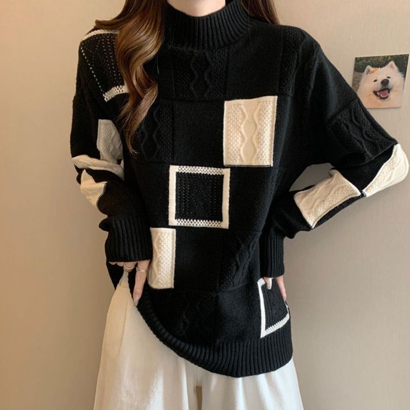 大碼女裝半高領毛衣女秋冬2023新款寬鬆胖mm顯瘦慵懶風針織打底衫