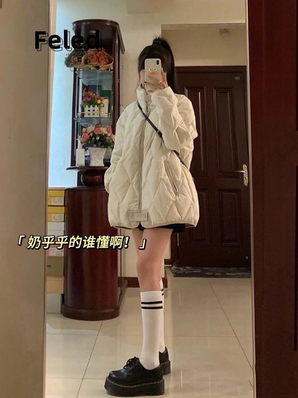 飛拉丹頓新款寬鬆菱格小眾設計感寬鬆顯瘦百搭棉衣外套男女潮上衣