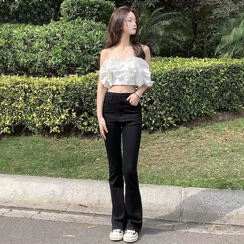大碼黑色微喇叭牛仔褲女辣妹設計感秋冬加絨加厚高腰顯瘦馬蹄褲子