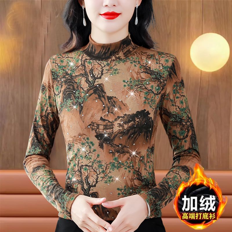商場針織打底衫長袖女上衣秋冬新款寬鬆遮肉印花洋氣媽媽小衫