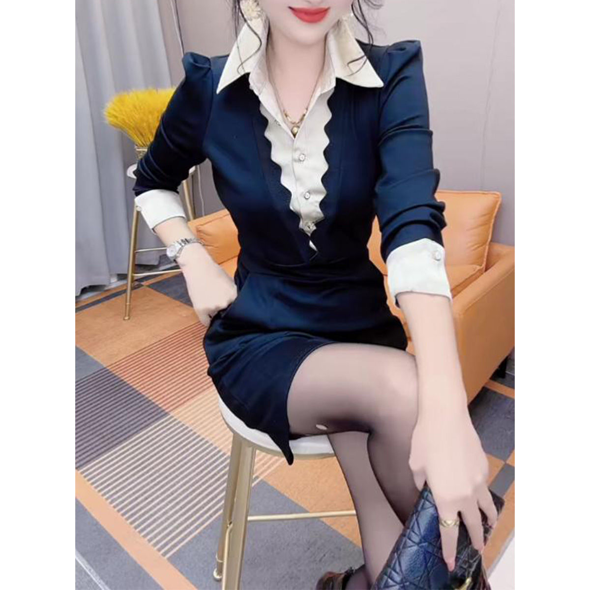 加絨襯衫連衣裙女2023秋冬新款時尚氣質收腰顯瘦百搭假兩件打底裙