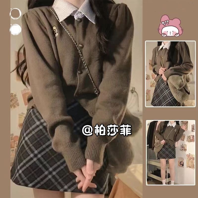 復古學院風假兩件針織開衫秋冬新款小個子寬鬆毛衣格子包臀半身裙