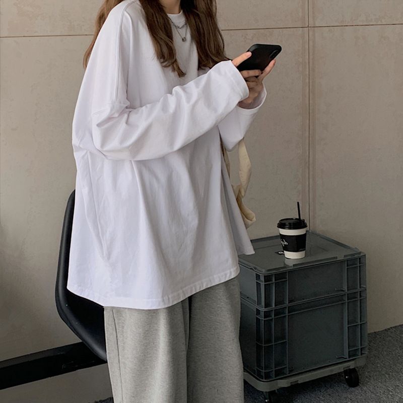 春秋新款長袖t恤早秋冬季內搭衛衣疊穿德絨加絨打底衫白色上衣女