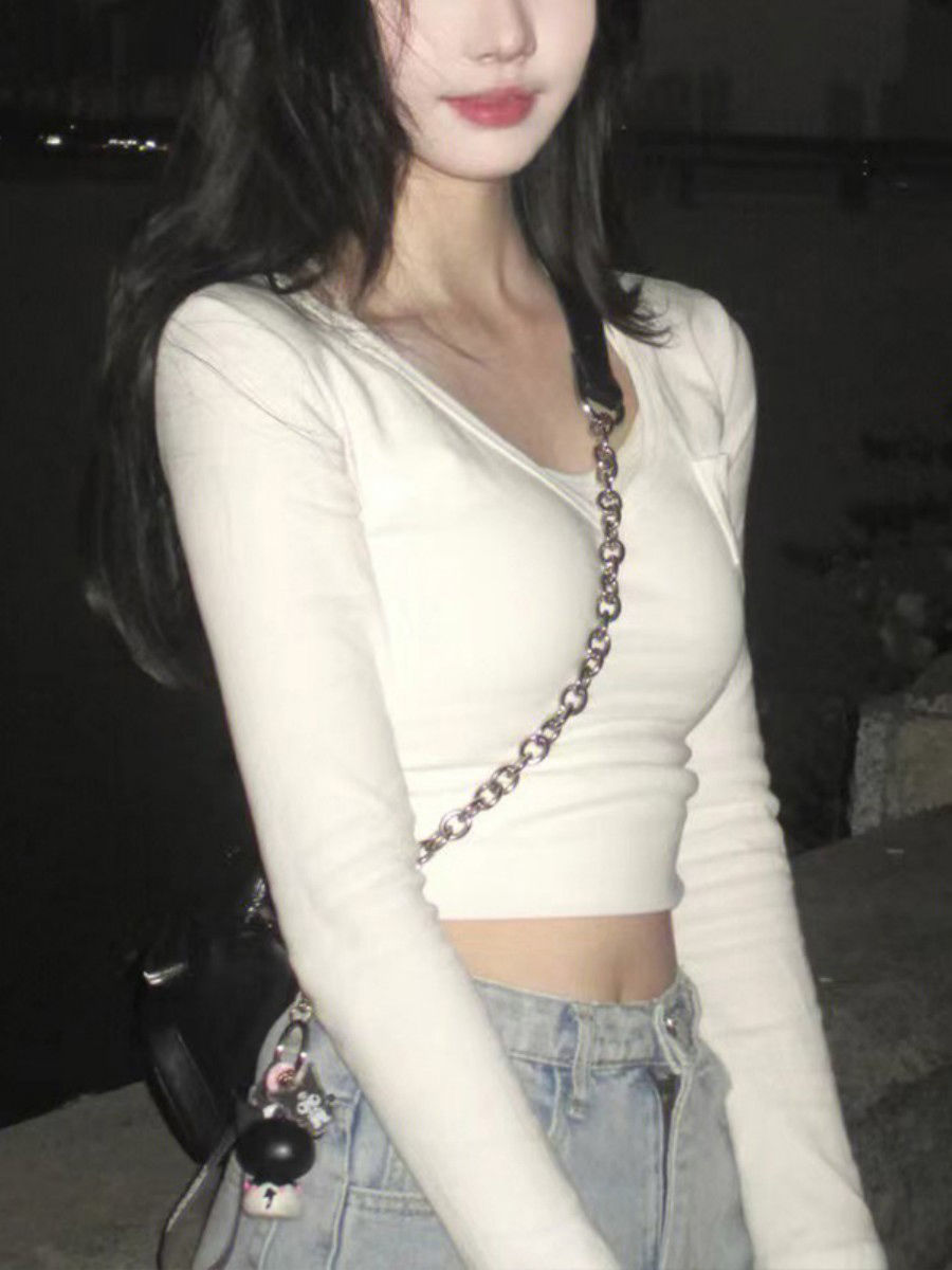 純欲辣妹長袖t恤女秋季2023新款白色打底衫修身顯瘦短款緊身上衣