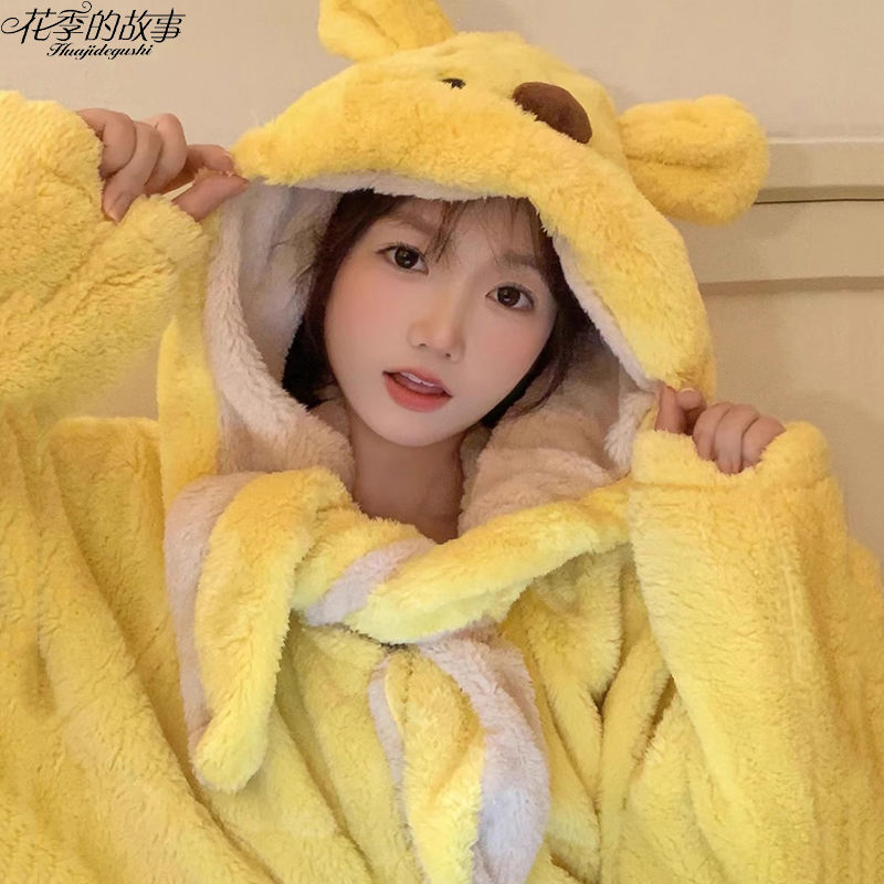 花季的故事維尼熊秋冬季珊瑚絨睡衣女連帽睡袍加絨ins卡通家居服