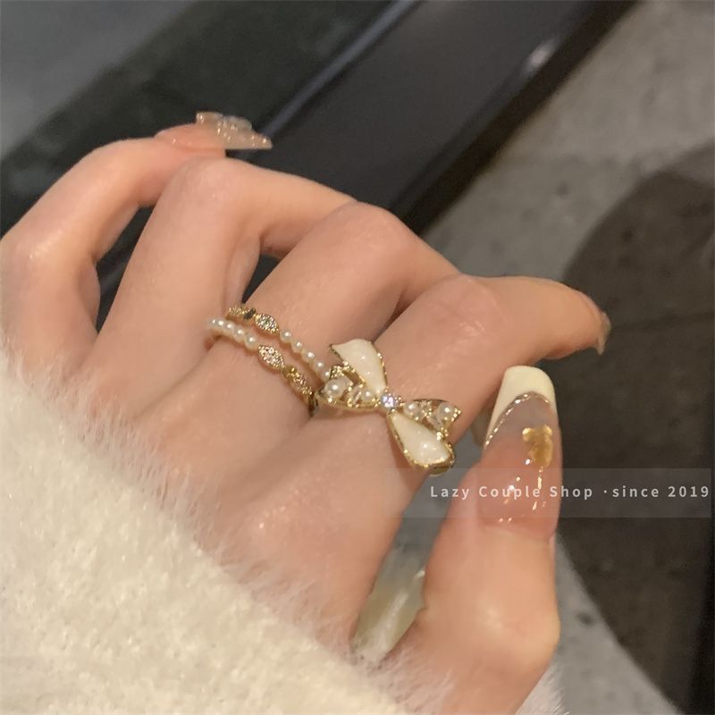 這麼疊戴賊美~溫柔蝴蝶結戒指冷淡風高級ins輕奢超仙珍珠小眾指環