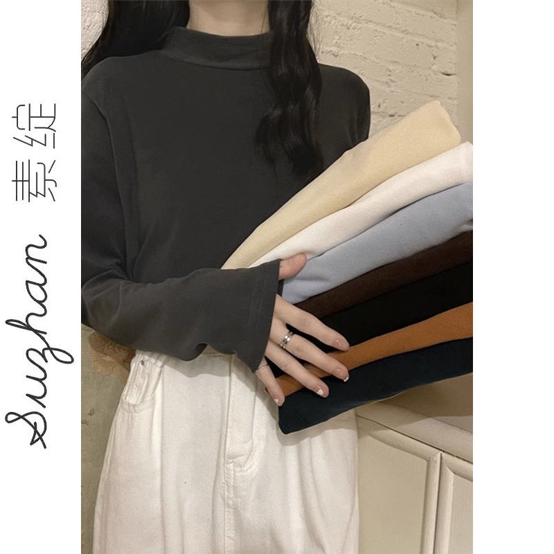 韓系半高領德絨T恤女秋冬長袖內搭修身顯瘦加絨保暖洋氣百搭上衣