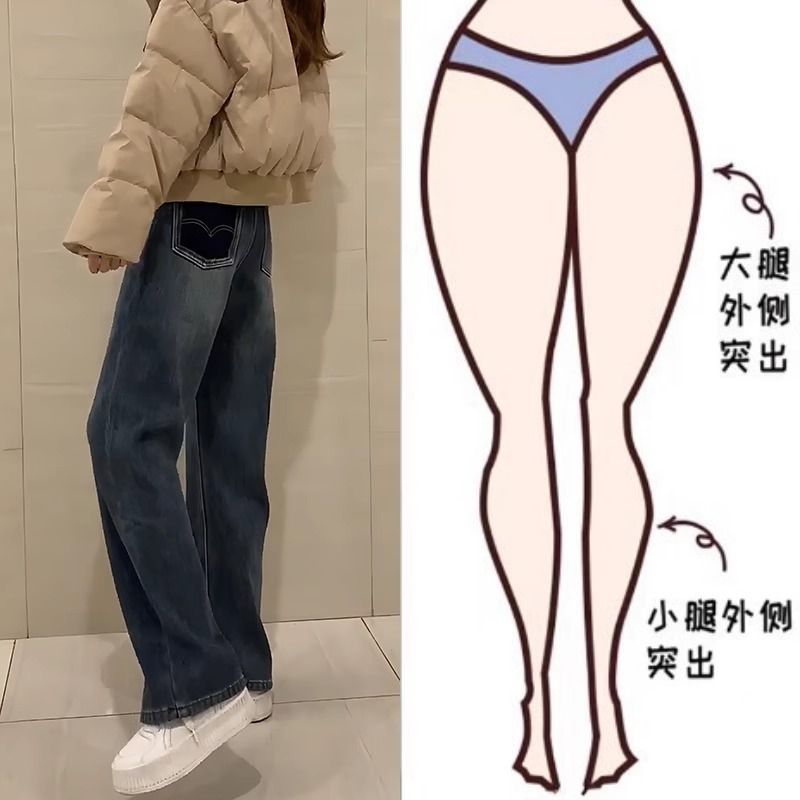 加絨加厚直筒牛仔褲女2023冬季新款大碼梨形身材高腰顯瘦闊腿長褲