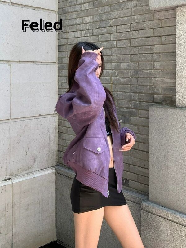 Feira Denton American retro high-end purple leather jacket for men and women in autumn and winter loose casual versatile trendy tops