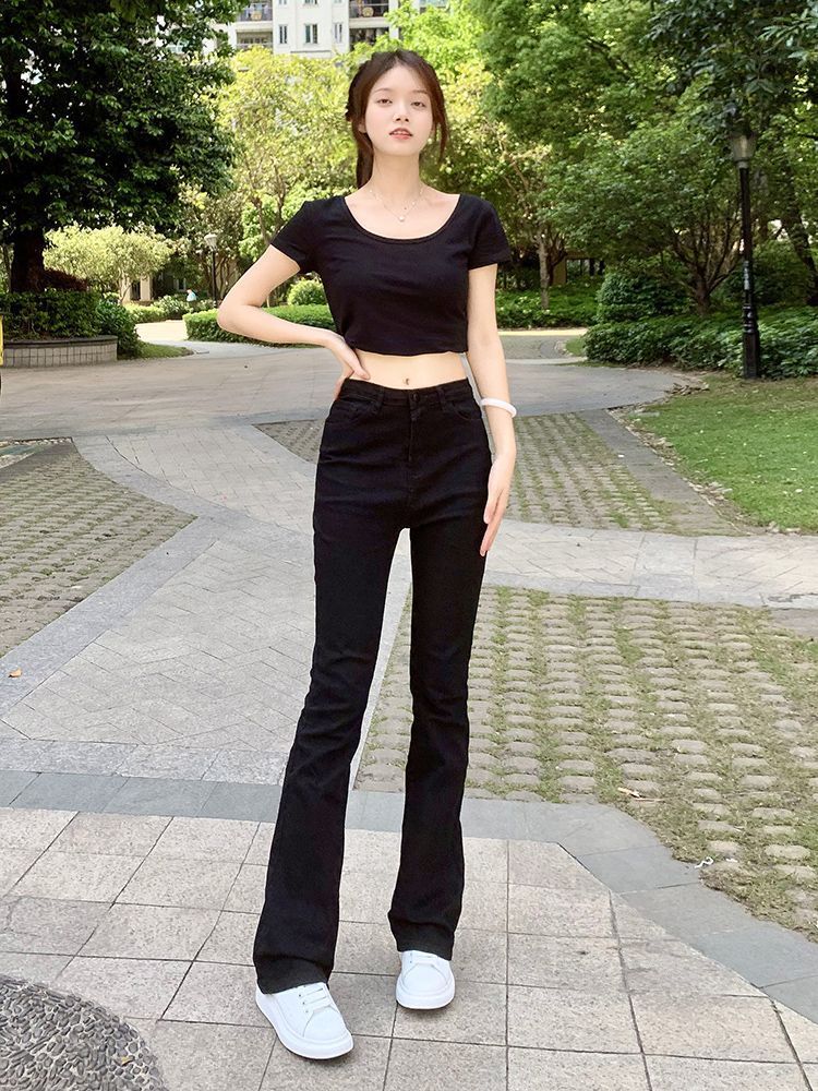 黑色微喇牛仔褲女秋冬加絨高腰顯瘦彈力拖地褲喇叭褲小個子馬蹄褲