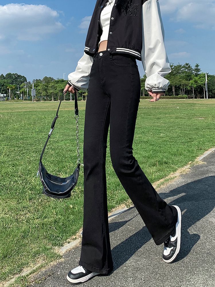 黑色微喇牛仔褲女2023春裝新款高腰寬鬆顯瘦九分小個子拖地喇叭褲