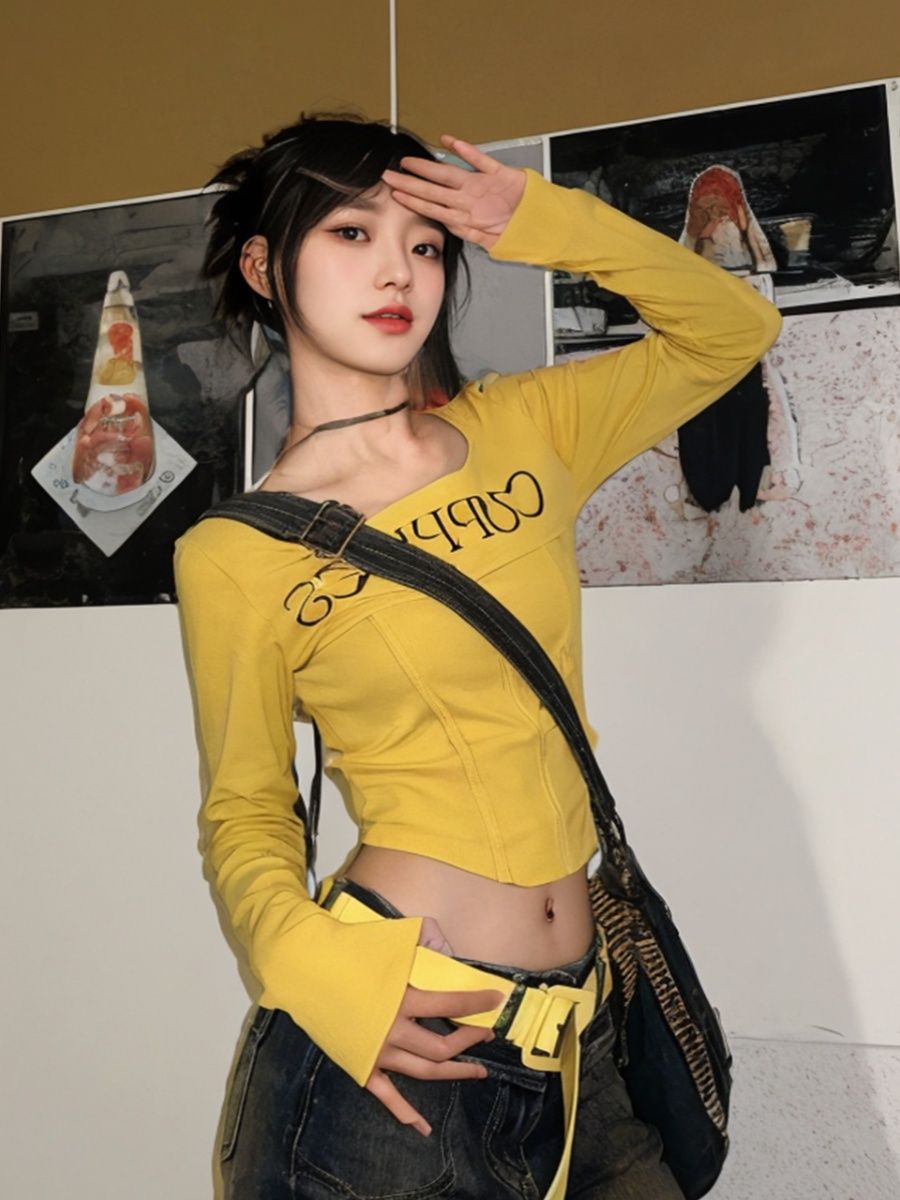 美式字母印花短款長袖T恤女秋冬多巴胺辣妹修身顯瘦打底衫上衣潮