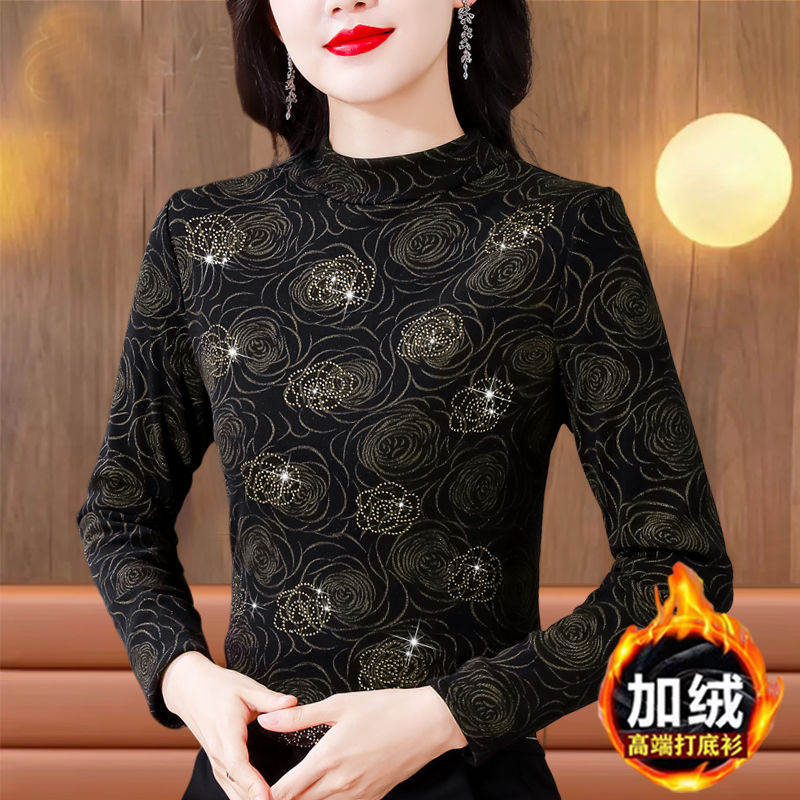 專櫃品質彈力南韓紗打底衫女長袖上衣秋冬新款寬鬆印花燙鑽媽媽裝