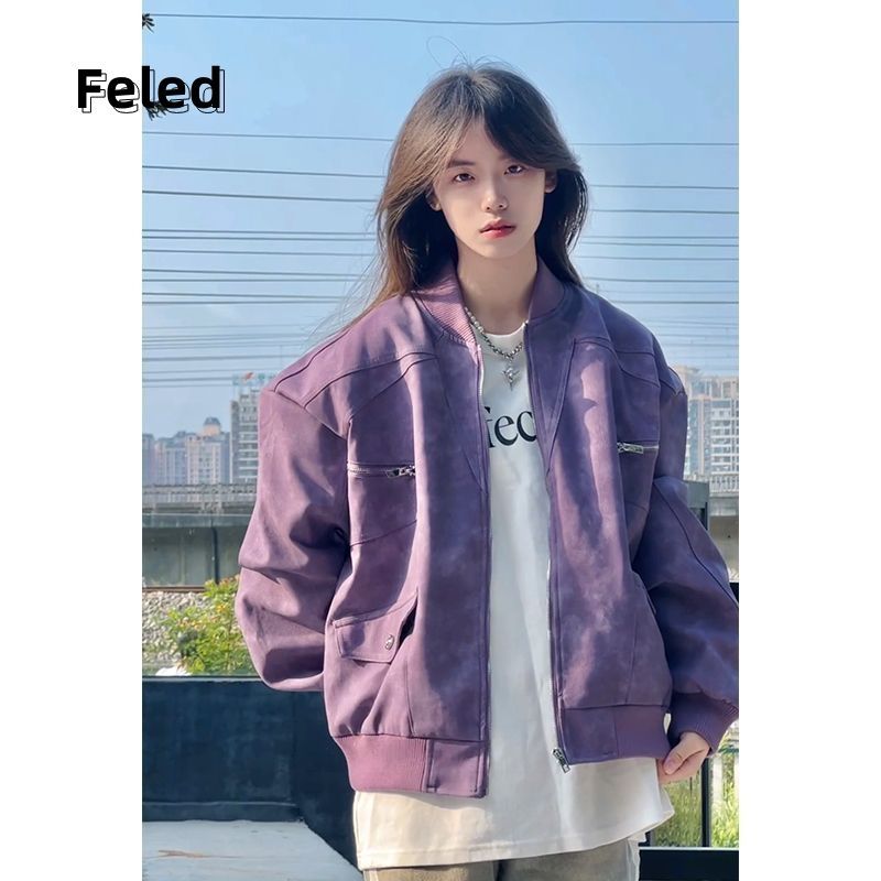 Feila Denton Purple High Street Hot Girl Loose Slim Leather Jacket Niche Design Jacket Versatile Top for Men and Women