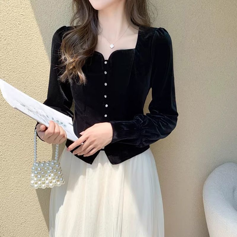 黑色金丝绒长袖衬衫女秋冬新款设计感小众法式复古气质高短上衣