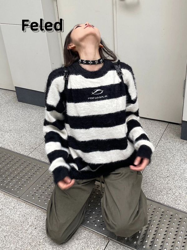 飛拉丹頓美式復古慵懶風軟糯針織毛衣男女秋冬黑白條紋百搭潮上衣