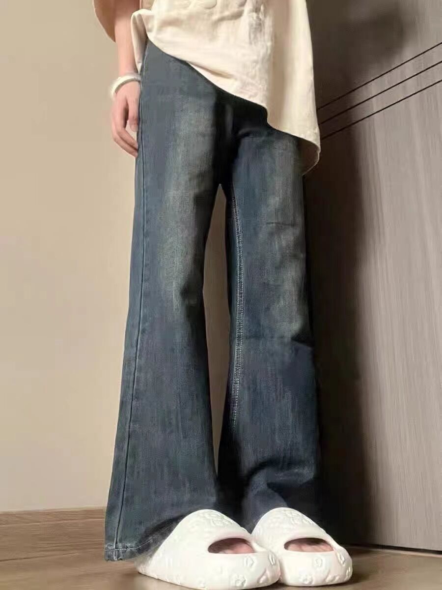 復古高腰微喇叭褲子女秋冬季加絨加厚小眾寬鬆顯瘦闊腿牛仔褲ins