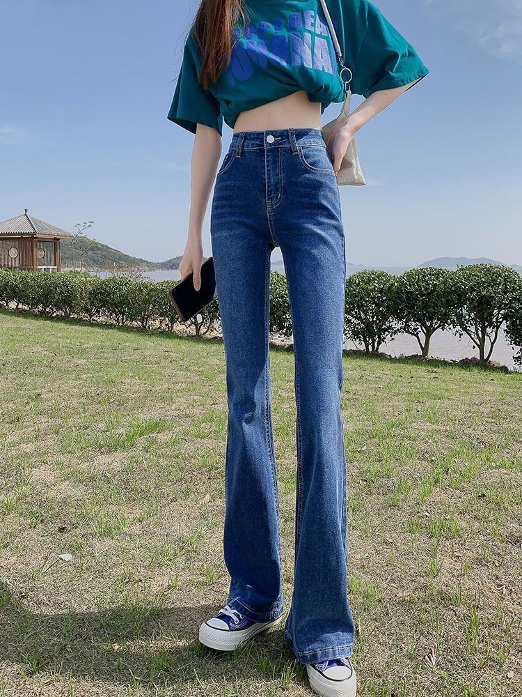 復古喇叭牛仔褲女秋冬2023年新款高腰緊身辣妹微喇顯瘦拖地馬蹄褲