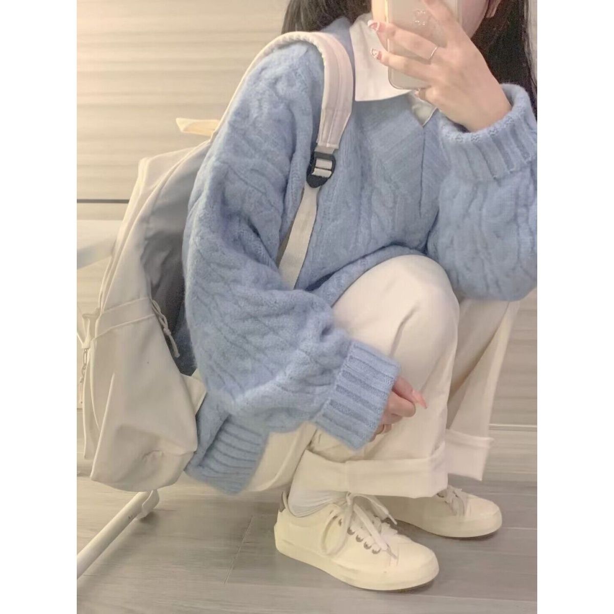 Blue v-neck twist pullover sweater for women 2023 new autumn and winter Korean style loose lazy style sweater top thick
