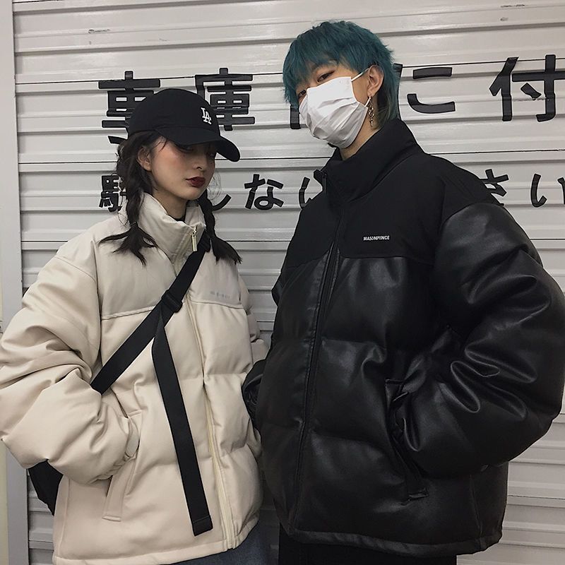 棉衣男冬季加厚加絨2023新款韓版麵包服外套潮牌ins寬鬆拼接皮面