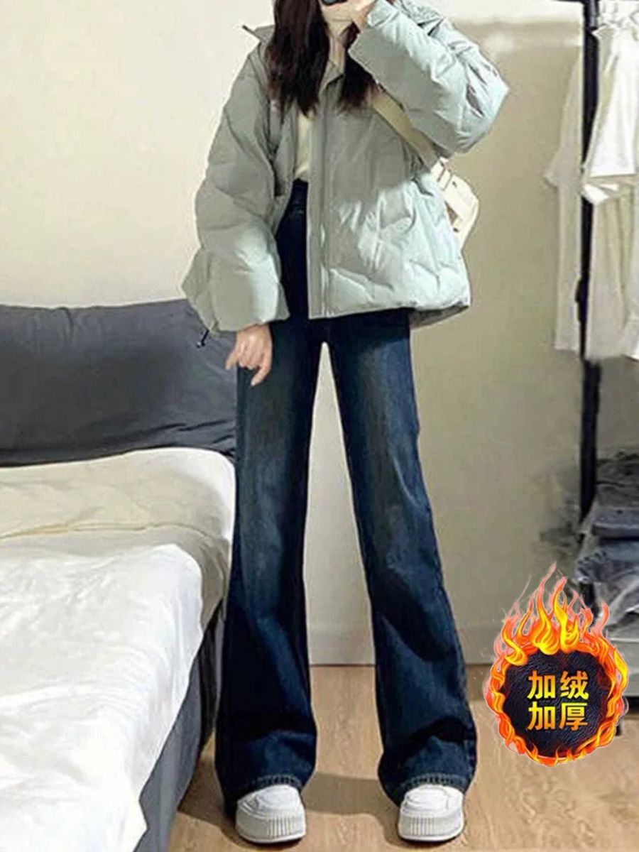復古加絨微喇叭牛仔褲女秋冬季新款高腰直筒寬鬆顯瘦加厚闊腿褲子