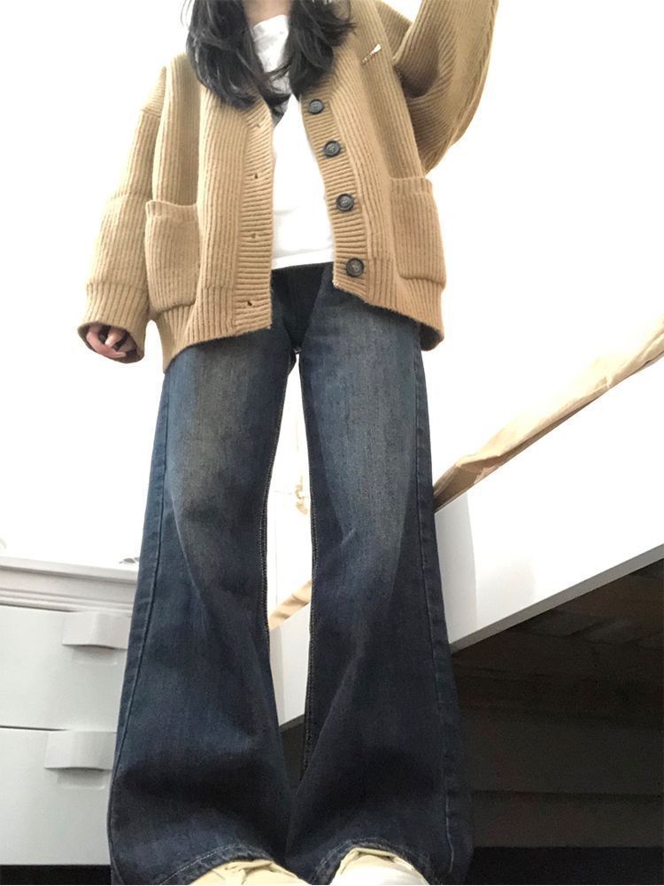 美式復古微喇叭牛仔褲女冬季高腰加絨加厚顯瘦闊腿褲子高街ins潮