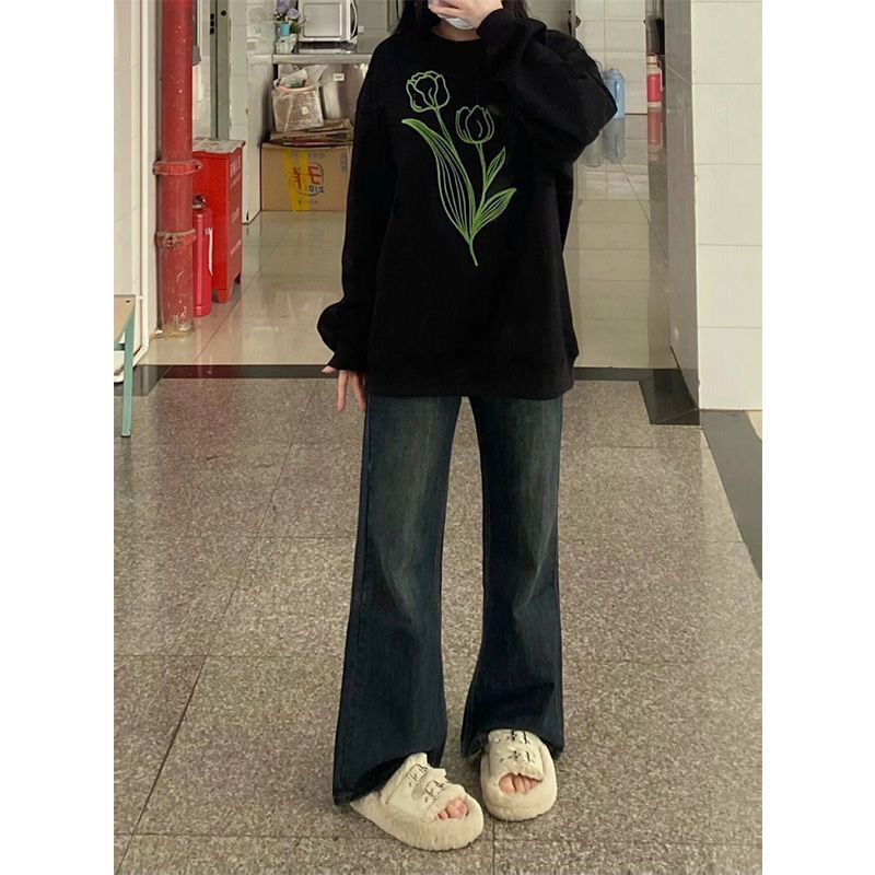 大碼復古微喇牛仔褲女秋冬加絨拖地闊腿褲梨形身材高腰顯瘦長褲子