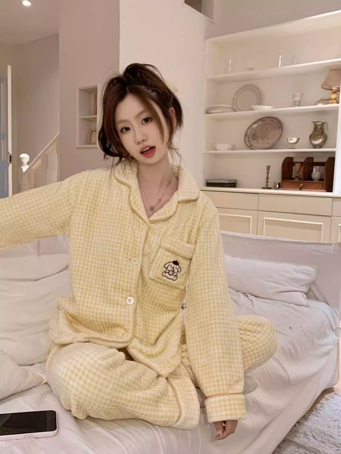 珊瑚絨睡衣女秋冬季日系卡通布丁狗法蘭絨格子加厚開衫家居服套裝