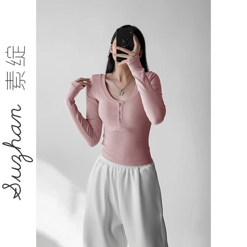歐美風復古紐扣方領套頭長袖T恤女打底辣妹高腰甜酷短款修身上衣