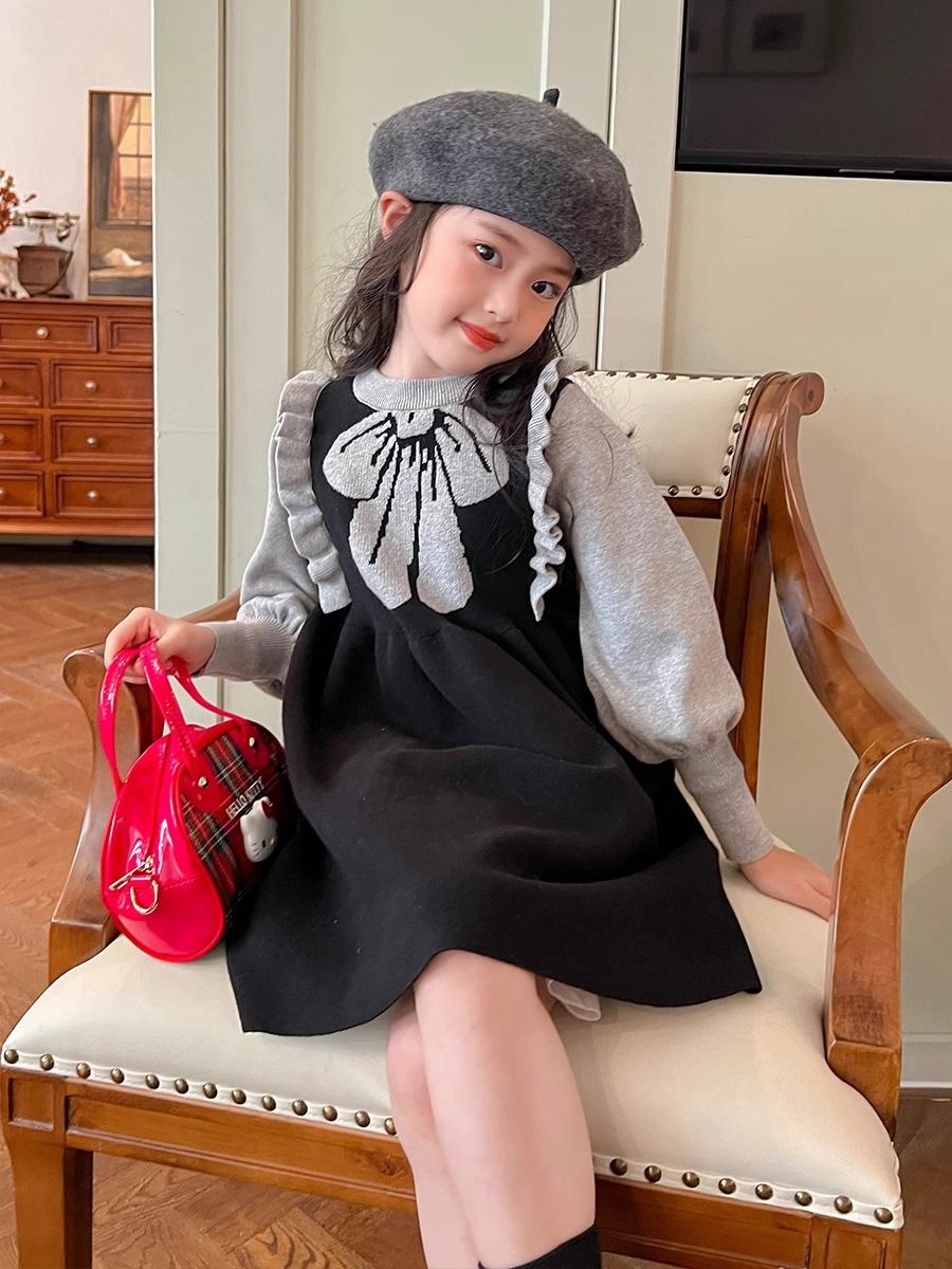 Girls' hot-selling knitted dress  autumn and winter new Korean style western style celebrity style literary bow