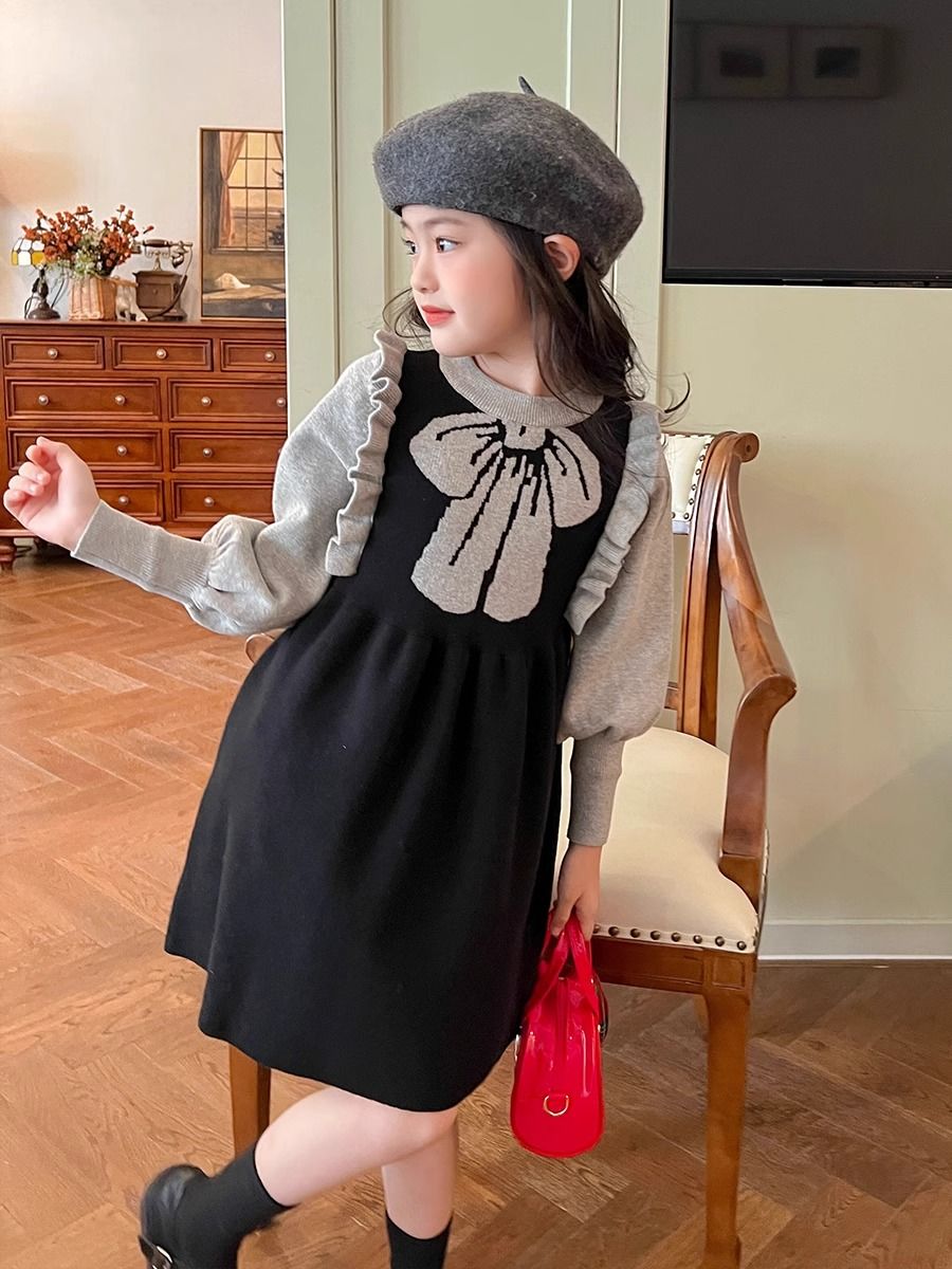 Girls' hot-selling knitted dress  autumn and winter new Korean style western style celebrity style literary bow