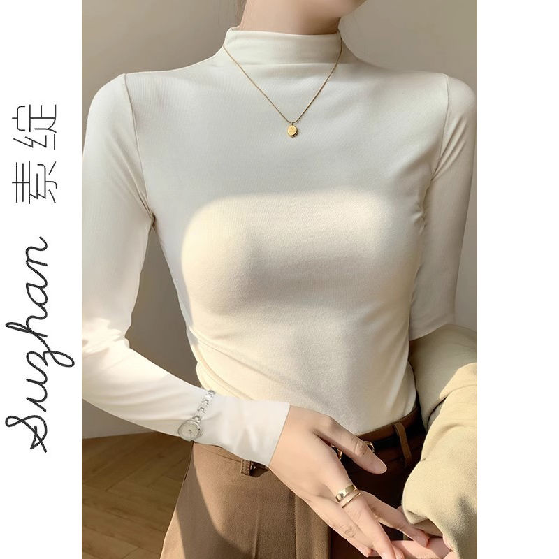 純色半高領打底衫女秋冬保暖德絨長袖T恤名媛時尚簡約百搭上衣ins
