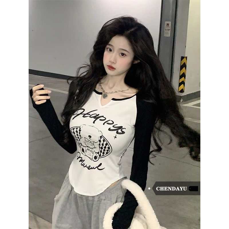 陳大鈺秋冬新款小熊印花插肩袖T恤女修身短款長袖內搭打底衫上衣