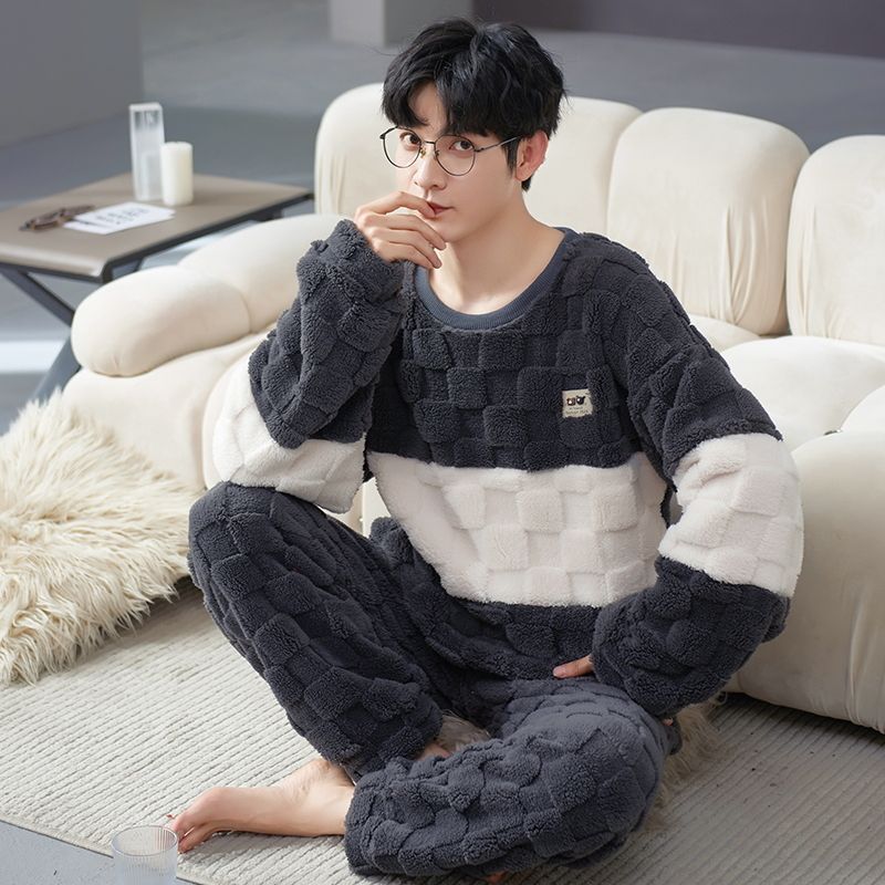 100%珊瑚絨男士睡衣冬季加厚可愛學生青少年圓領法蘭絨大碼家居服