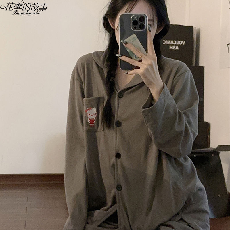 花季的故事德絨睡衣女春秋季長袖長褲加絨ins風kt貓家居服可外穿