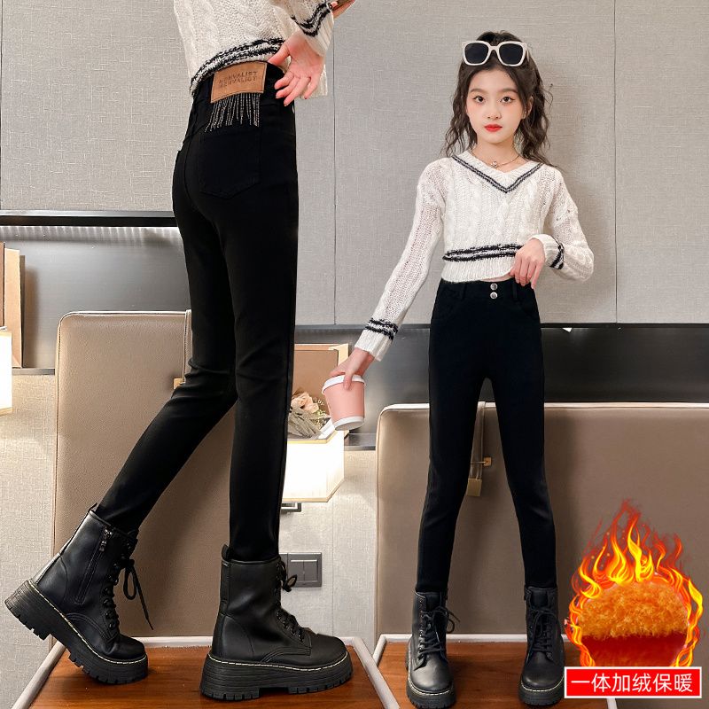 女童冬裝加絨褲子黑色彈力打底小腳褲2023新款冬季兒童加厚鉛筆褲