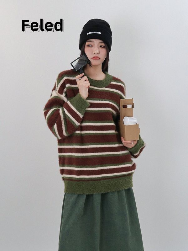 飛拉丹頓美式復古條紋毛衣男女秋冬新款學院風高級感百搭針織上衣