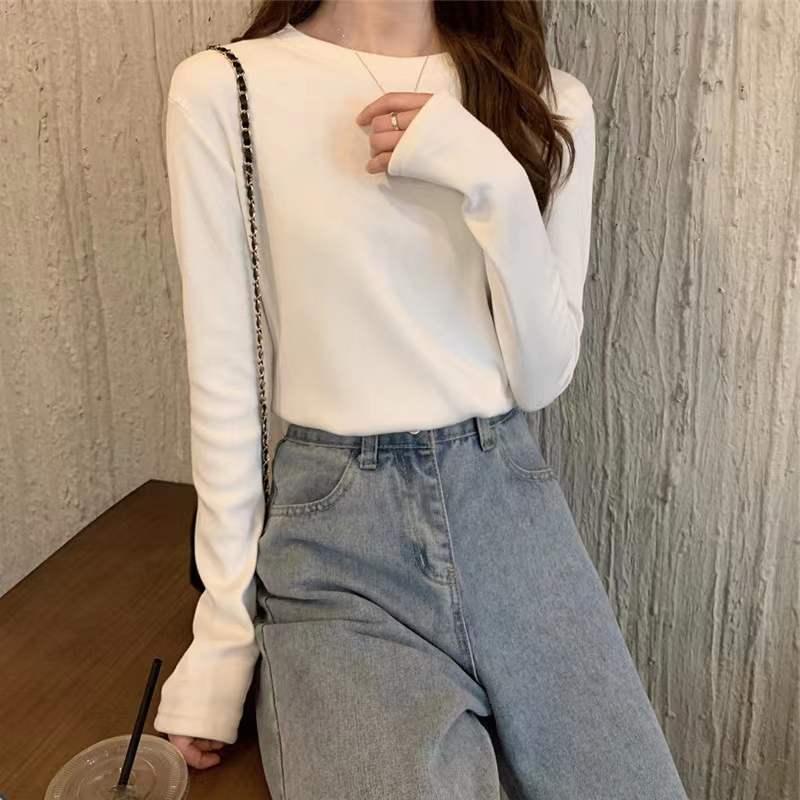 雙面自發熱德絨圓領打底衫女秋冬內搭純色百搭修身長袖磨毛T恤潮