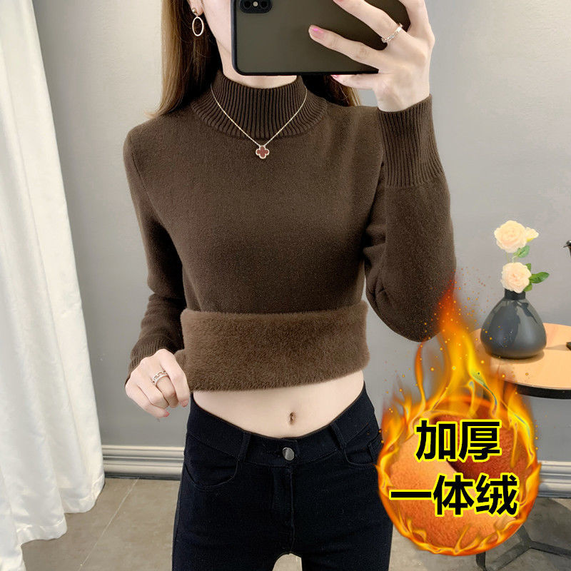 XJ家秋冬加絨毛衣加厚一體絨內搭半高領修身打底針織衫保暖上衣