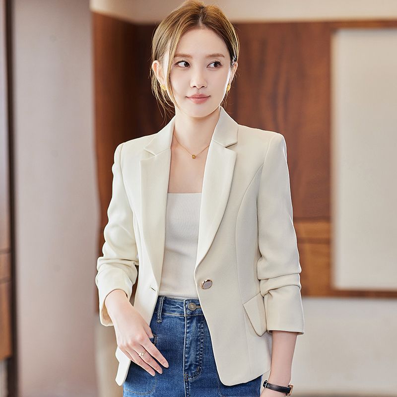 米白色西裝外套女氣質修身2023新款春秋小個子短款女士小西服上衣