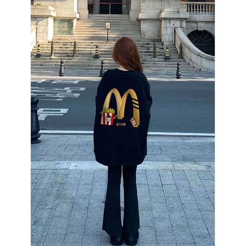 hiphop國潮牌圓領衛衣女秋冬新款加絨加厚寬鬆oversize外穿上衣服