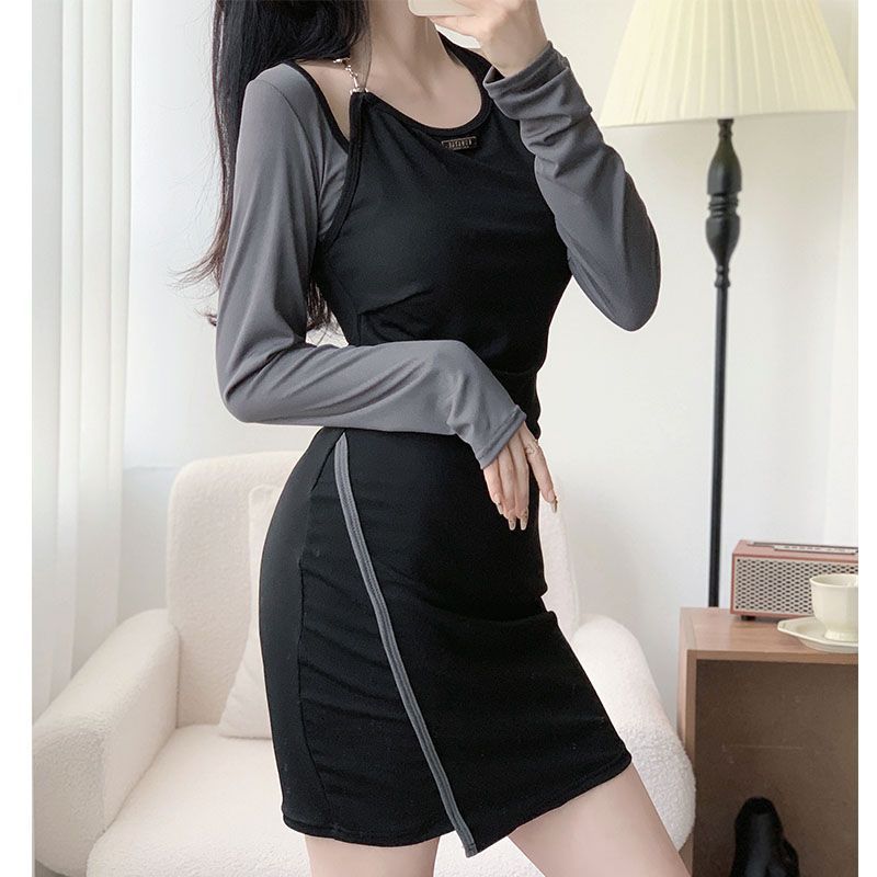 Swimsuit French design new dress neck fake two-piece long-sleeved conservative slim slimming hot style pure lust style skirt