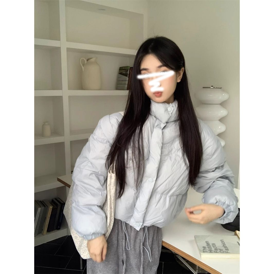 韓系小個子抽繩立領麵包棉服女冬季2023新款百搭寬鬆短款棉服棉襖