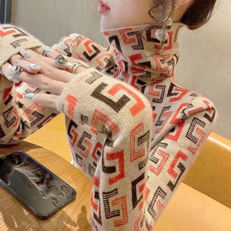 德絨高領打底衫女秋冬新款洋氣印花套頭修身顯瘦保暖T恤內搭上衣