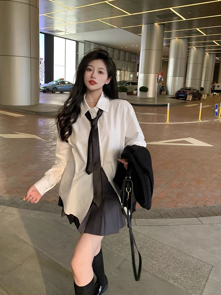 設計感小眾學院風白色襯衫女小個子JK襯衣領帶長袖內搭疊穿上衣秋