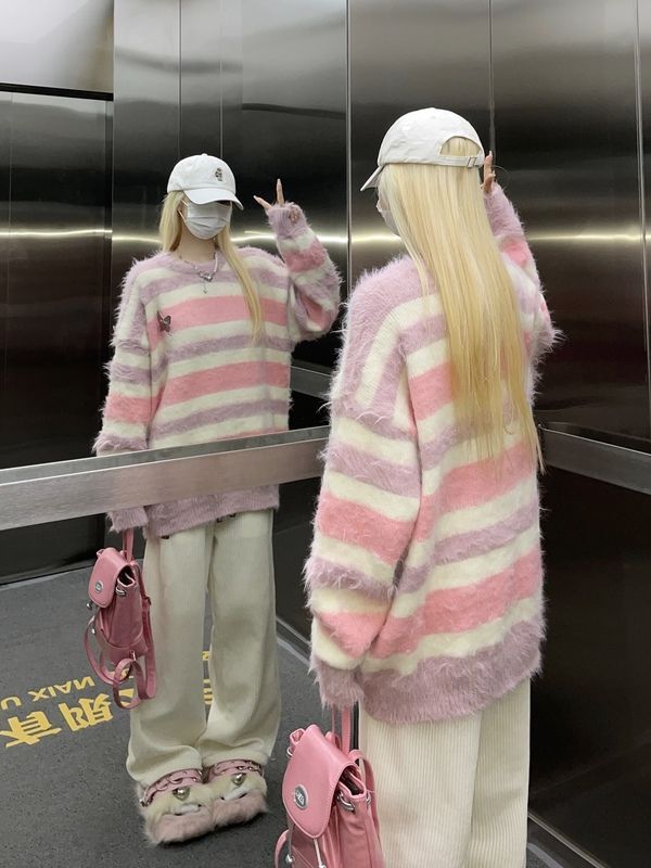 秋冬季日系圓領毛衣男女復古蝴蝶裝飾條紋撞色設計感學院風針織衫